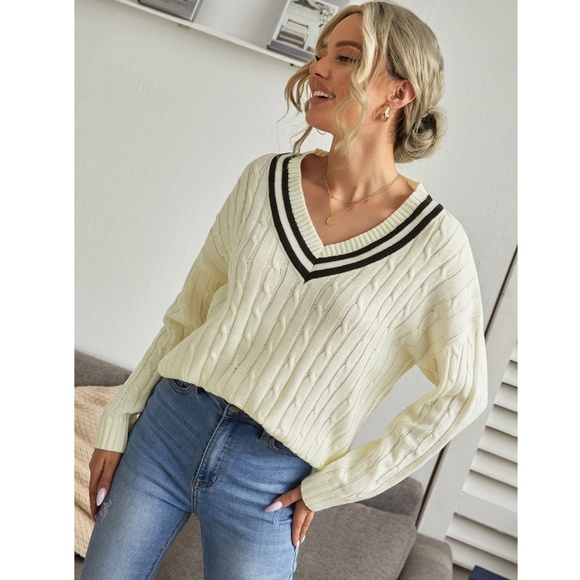 Contrast Trim V Neck Dorp Shoulder Sweater - Picture 4 of 7